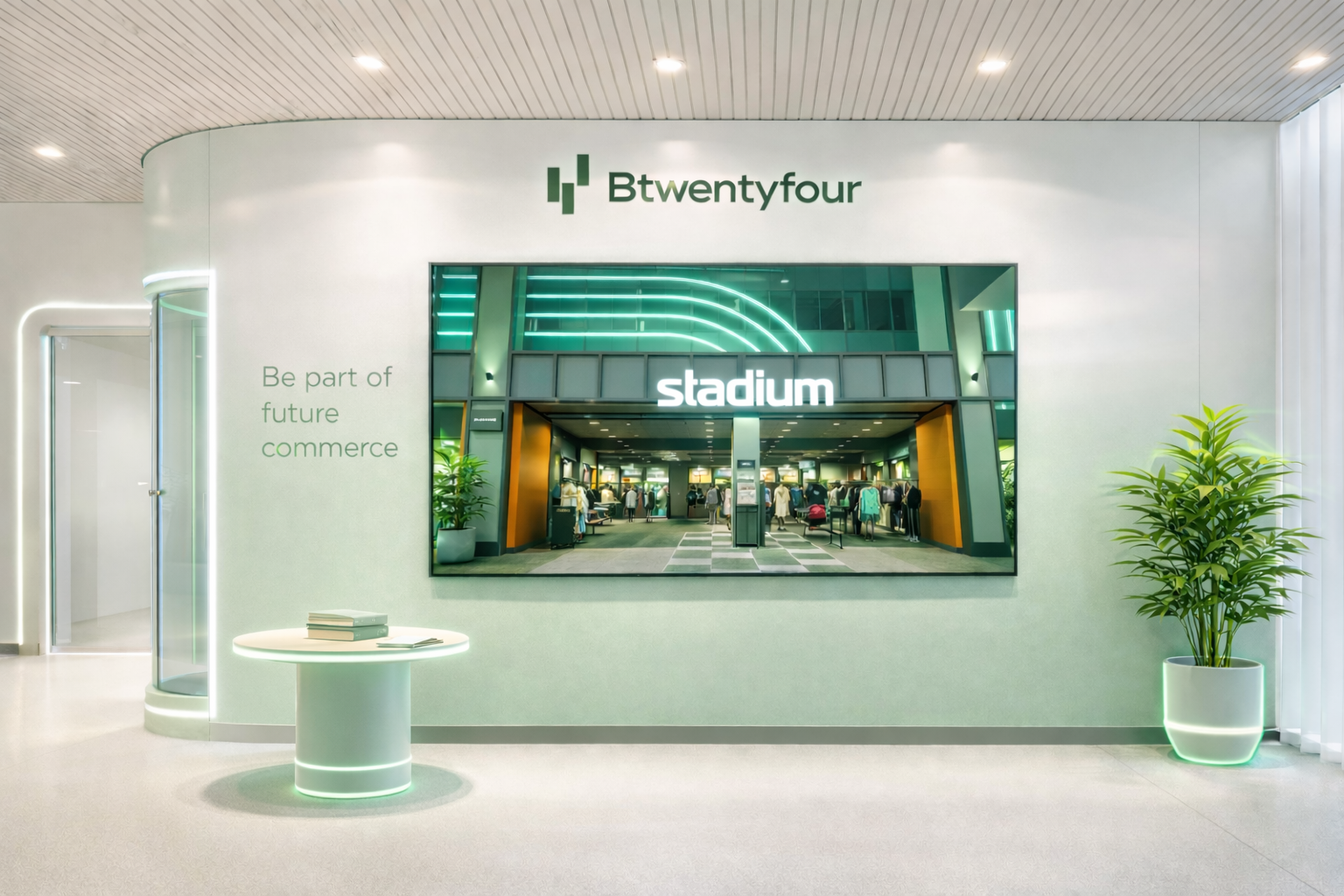 Futuristic office lobby with Stadium display